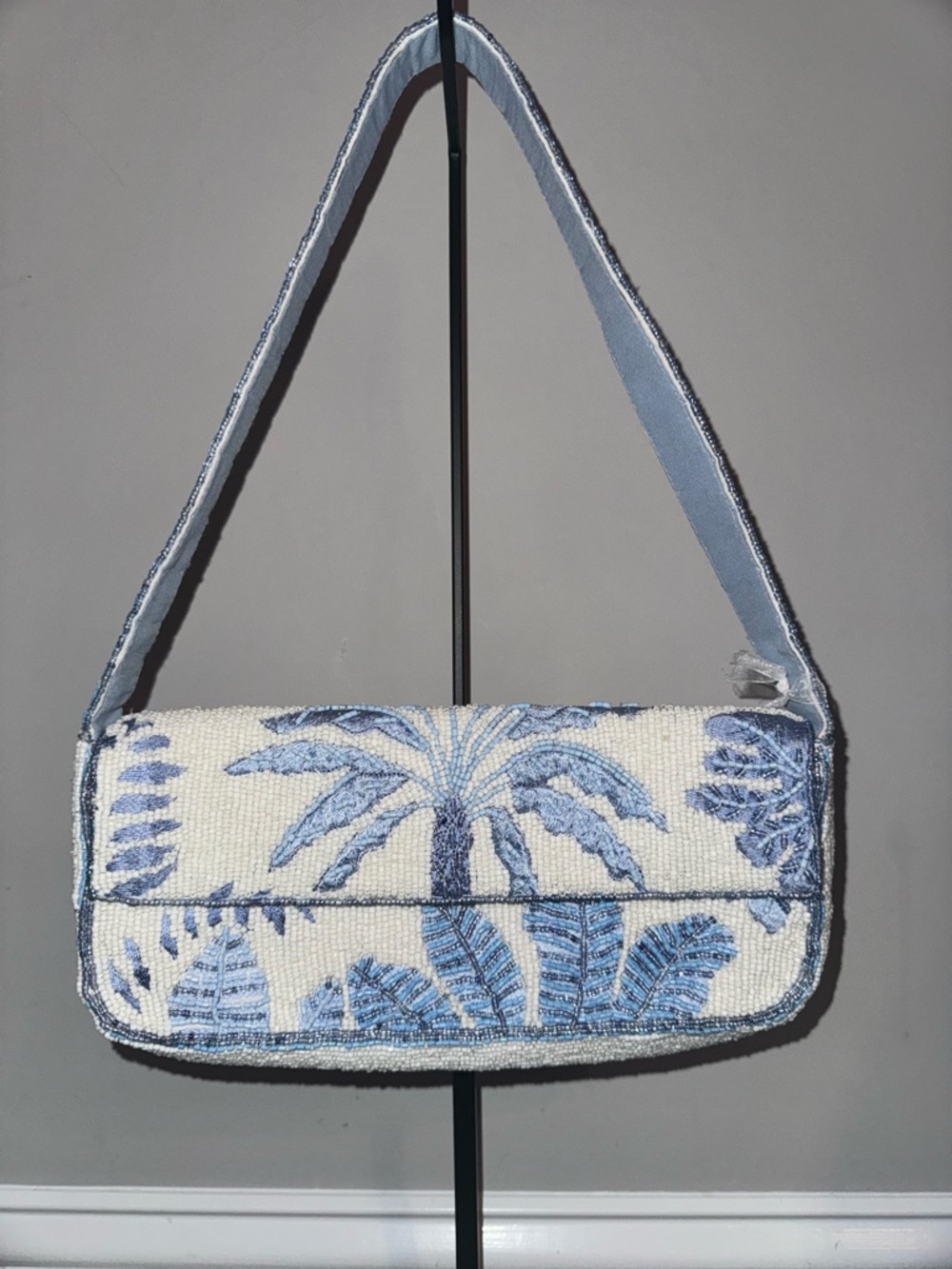 Blue and White Beaded Palm-tree Print Shoulder Bag